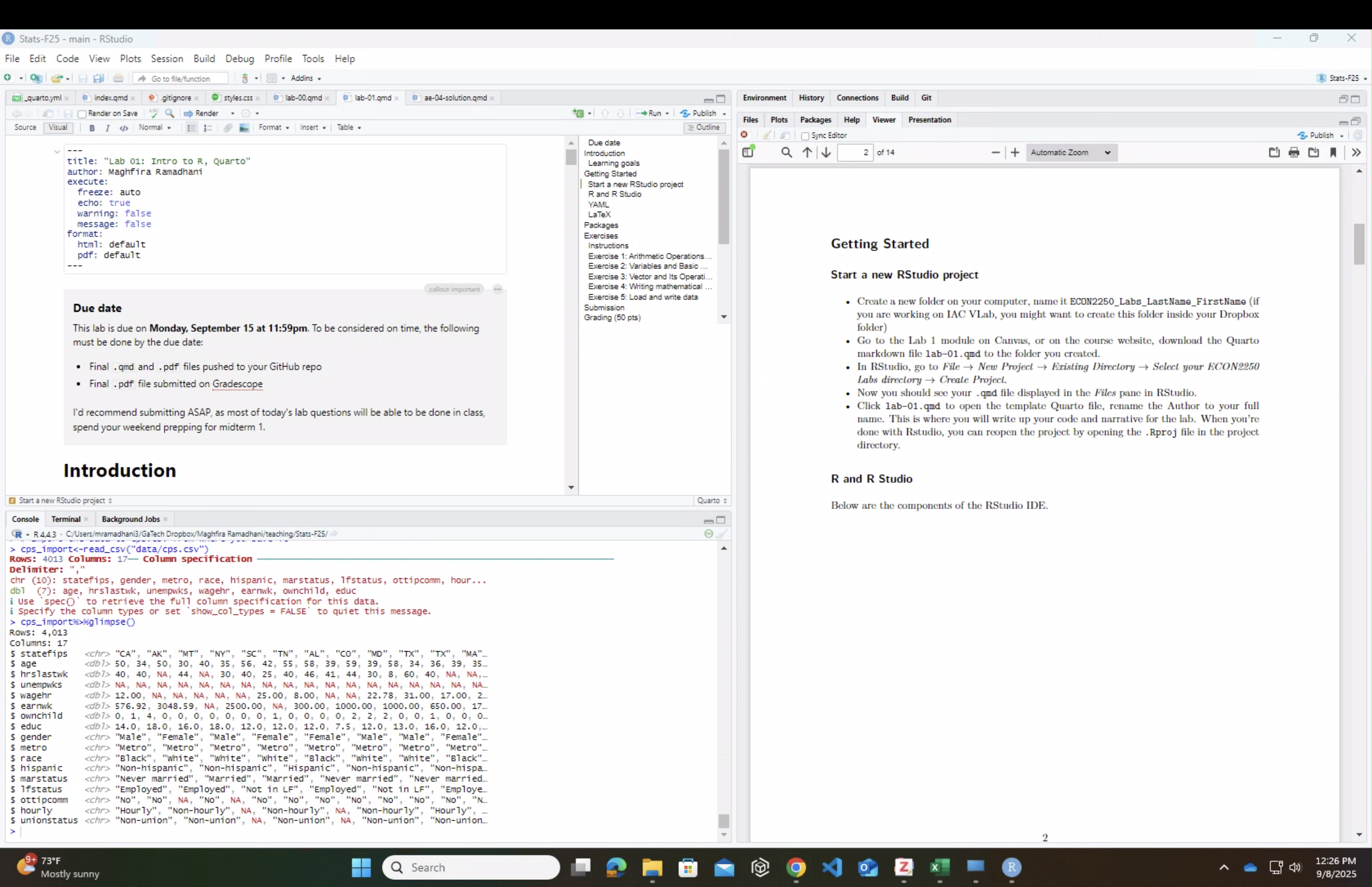 Screenshot of Quarto document and rendered PDF.